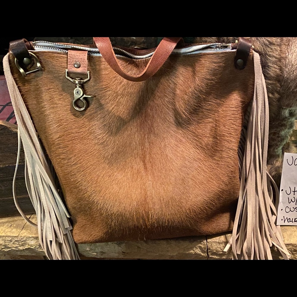 Jill’s Homestead hair on hide backpack with fringe -handmade in Iowa